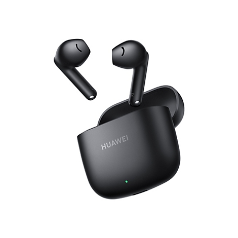 Schwarze Huawei In-Ear-Kopfhörer mit Ladecase vor weißem Hintergrund.
