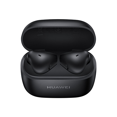 Schwarzes Huawei Ladecase mit zwei In-Ear-Kopfhörern im offenen Zustand vor weißem Hintergrund.