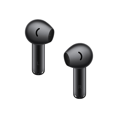 Zwei schwarze In-Ear-Kopfhörer vor weißem Hintergrund. Die Ohrhörer sind mit L und R gekennzeichnet.
