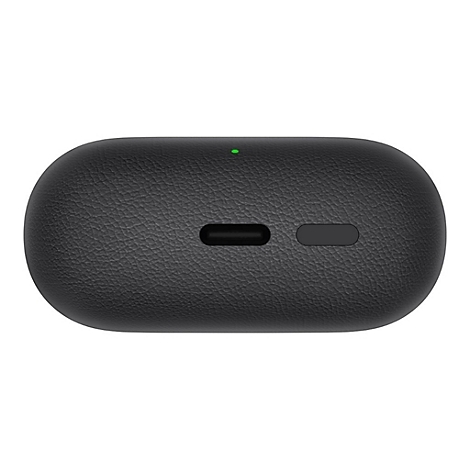 Schwarzes, ovalförmiges Ladecase mit Lederstruktur, USB-C-Anschluss, Seitentaste und kleiner grüner LED.