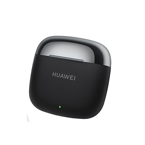 Schwarzes Huawei Ladecase für Kopfhörer mit silbernem Deckel und grün leuchtender Status-LED.