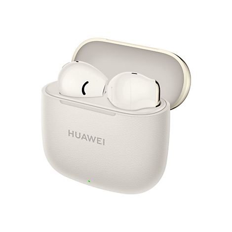 Weiße Huawei In-Ear-Kopfhörer in einem offenen, strukturierten Ladecase vor weißem Hintergrund.