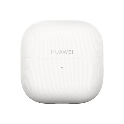 Weißes Ladecase für Huawei Kopfhörer mit texturierter Oberfläche und mittigem Huawei-Logo.