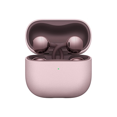 Rosa kabellose In-Ear-Kopfhörer in einem geöffneten, stoffbezogenen Ladeetui vor weißem Hintergrund.