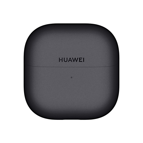 Schwarzes Huawei Ladecase für Ohrhörer in quadratischer Form mit abgerundeten Ecken vor weißem Hintergrund.