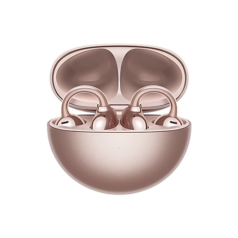 Roségoldene In-Ear-Kopfhörer in offenem, kugelförmigem Lade-Etui vor weißem Hintergrund.