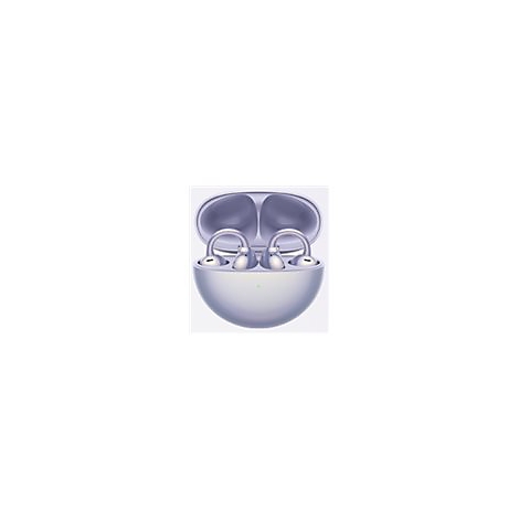Violettes, kugelförmiges Ladecase mit offenen, ringförmigen Bluetooth-Kopfhörern in silberner Metallic-Optik.