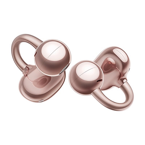 Zwei moderne, glänzende Ohrhörer in Roségold mit offenem Ring-Design vor weißem Hintergrund.