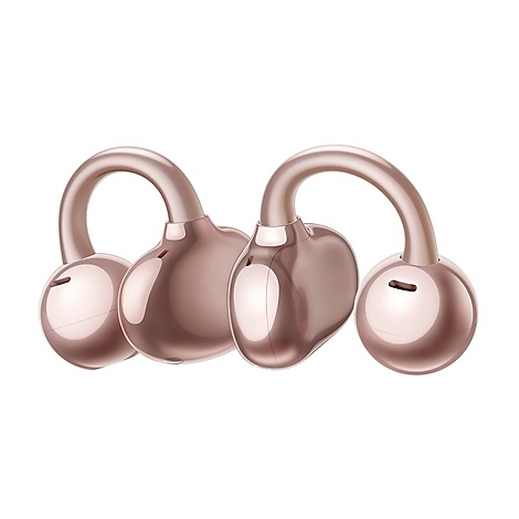 Zwei roségoldene Kopfhörer mit einem einzigartigen Design, das sich an die Ohren anpasst.