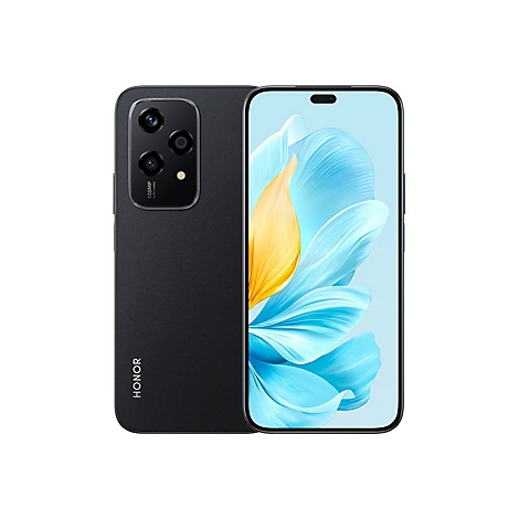 Schwarzes Smartphone mit großem Bildschirm, drei Kameras und HONOR-Logo.