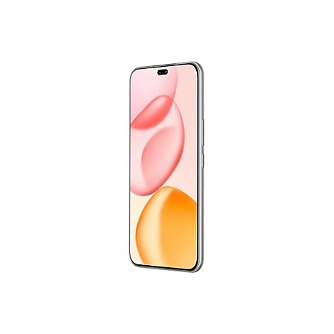 Silbernes Smartphone, Seitenansicht, Display mit abstrakter Grafik vor weißem Hintergrund.