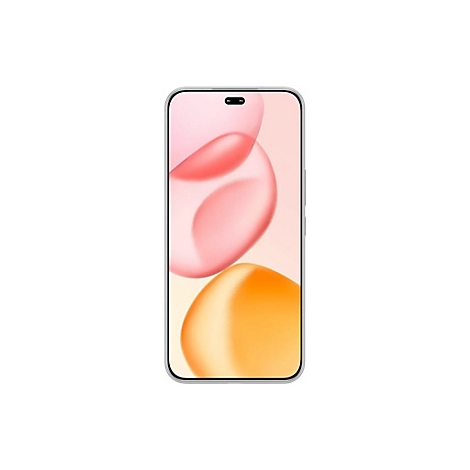 Smartphone, silberner Rahmen, Display mit rosa und orangefarbenen Kreisen. Oben ein längliches Loch für die Kamera.