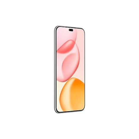 Smartphone, silberner Rahmen, Display mit rosa, orangefarbenen Kreisen. Blick von der Seite.