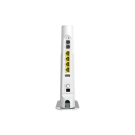 Rückansicht eines weißen Routers mit LAN-, Telefon- und Stromanschlüssen vor weißem Hintergrund.