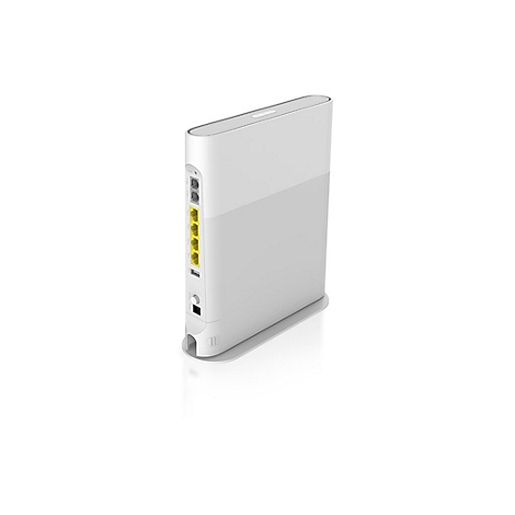Weißer, schlanker WLAN-Router mit seitlichen Anschlüssen und gelben LAN-Buchsen auf einem Standfuß.