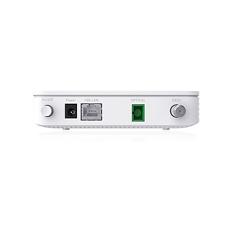 Rückansicht eines weißen Glasfaser-Routers mit Anschlüssen für Strom, LAN, optisches Kabel und CATV.