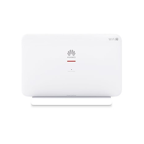 Ein weißer Huawei WiFi 7 Router mit abgerundeten Ecken und zentralem Logo auf neutralem Hintergrund.