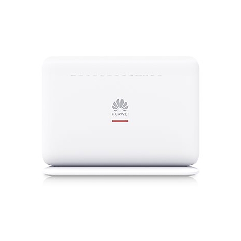 Weißer Router mit Huawei-Logo. Oben Leuchten, unten Standfuß.