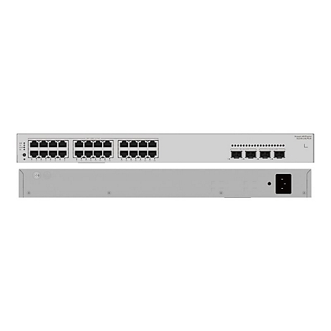 Grauer Netzwerk-Switch mit vielen Ports, detailliert gezeigt, Beschriftung Huawei. Unten: Netzkabelanschluss.