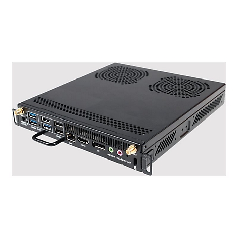 Flacher, schwarzer OPS-PC mit vielfältigen Anschlüssen und zwei goldenen WLAN-Antennenanschlüssen.
