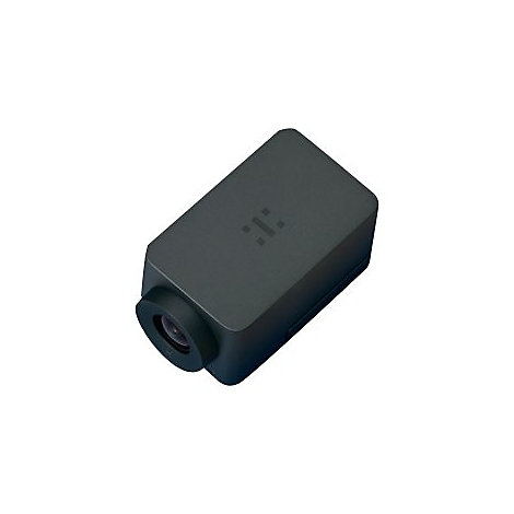 Eine Huddly-Webcam mit Zubehör. Auf weißem Grund liegen die Webcam, eine Tragetasche mit Reißverschluss, ein USB-Kabel und die Verpackung.