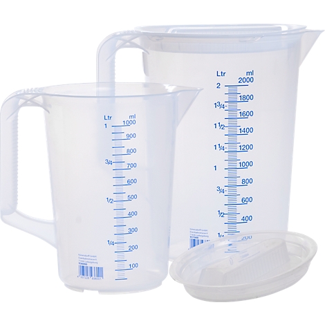 Two measuring jugs made of transparent plastic, one with a handle and scale, the other large with a lid.
