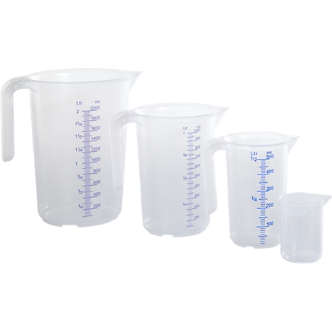 Transparent measuring jugs of varying sizes, with blue scales and handles.