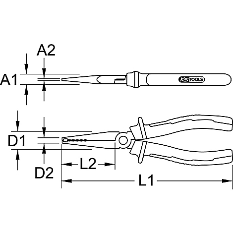 Zeichnung einer Spitzzange mit Maßangaben. Oben die Spitze, unten die Zange mit Griffen.