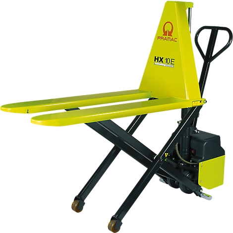 Yellow electric forklift with black elements. Inscription: Pramac HX 10E.