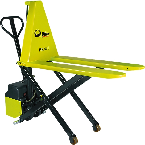 Yellow electric pallet truck with the inscription HX10 E. Black lifting arms and wheels.