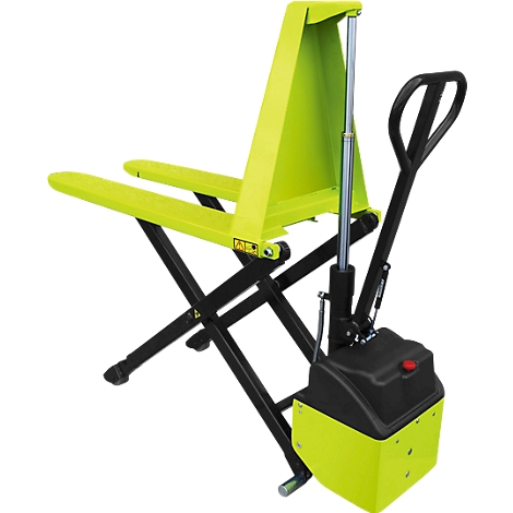 Yellow and black hand pallet truck. The forks are yellow, the frame is black, and the control unit is yellow and black.