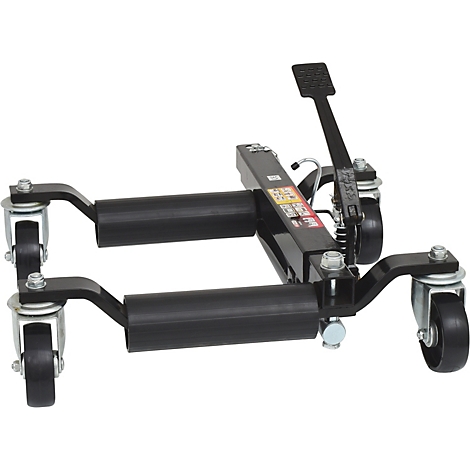 Schwarzer Motorradheber mit Rollen, Hebel und Pedal.