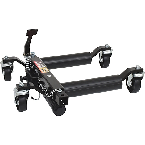 Schwarzer Getriebeheber auf Rollen, mit Hebel und Kette.