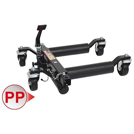 Schwarze Wagenheberstütze mit Rollen und rotem PP-Logo.