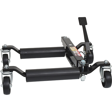 Schwarze Getriebe-Laufkatze auf Rollen, mit Hebel und Pedale. Vor neutralem Hintergrund.