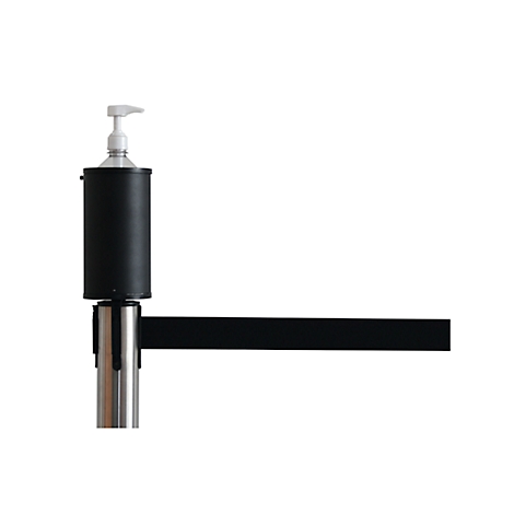 A hand sanitizer dispenser on a stanchion with a black retractable belt, against a white background.