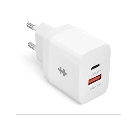 Weißes USB-Ladegerät mit Steckern. Oben USB-C 20W, unten USB-A 18W. Auf der Seite ist ein Symbol abgebildet.