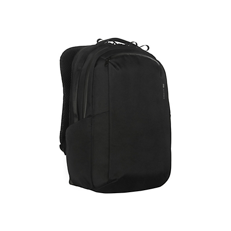 Ein schwarzer, schlichter Laptop-Rucksack mit Reißverschluss vor weißem Hintergrund.