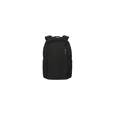 Schwarzer Rucksack mit Reißverschlüssen und Seitentaschen.