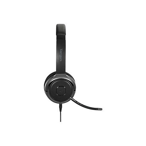 Schwarzes Targus-Headset vor weißem Hintergrund. Mit Mikrofon und Kabel.