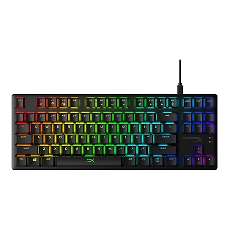 Schwarze Gaming-Tastatur mit Regenbogenfarben und Kabel. Buchstaben und Symbole sind gut sichtbar.