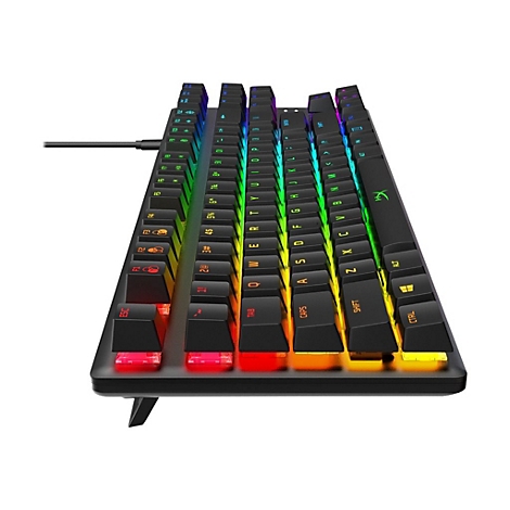 Schwarze Tastatur mit RGB-Beleuchtung, Tasten mit weiÃŸen Buchstaben. Das Kabel ist angeschlossen.