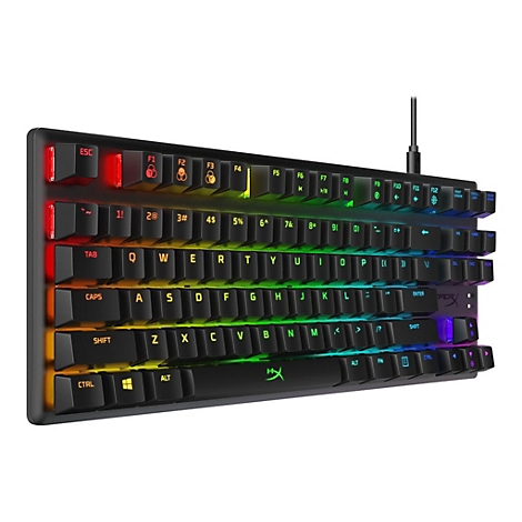 Schwarze mechanische Tastatur mit RGB-Beleuchtung, Kabelanschluss, Buchstaben und Zeichen.