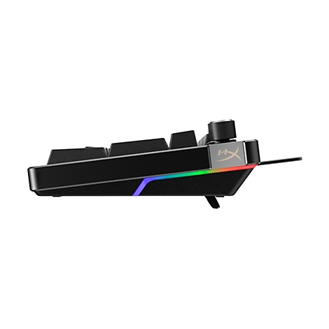 Nahaufnahme einer schwarzen mechanischen Tastatur, von der Seite gesehen. Mit farbiger LED-Beleuchtung und HyperX-Logo.