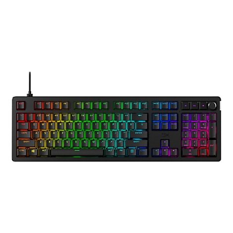 Schwarze Tastatur mit RGB-Beleuchtung; alle Tasten sind beleuchtet, Kabel sichtbar.