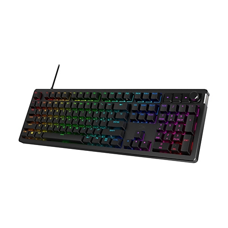 Schwarze mechanische Tastatur mit mehrfarbiger RGB-Beleuchtung. Die Tastatur ist auf weißem Hintergrund abgebildet. Die Tasten sind schwarz und tragen weiße Beschriftungen.