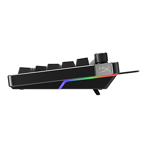 Seitliche Nahaufnahme einer schwarzen mechanischen Tastatur. Ein Knopf und ein Markenlogo sind zu sehen.
