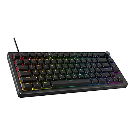 Schwarze mechanische Tastatur mit RGB-Hintergrundbeleuchtung. Die Tasten sind mit weißen Buchstaben beschriftet. Ein Drehregler ist an der Oberseite des Gehäuses angebracht.