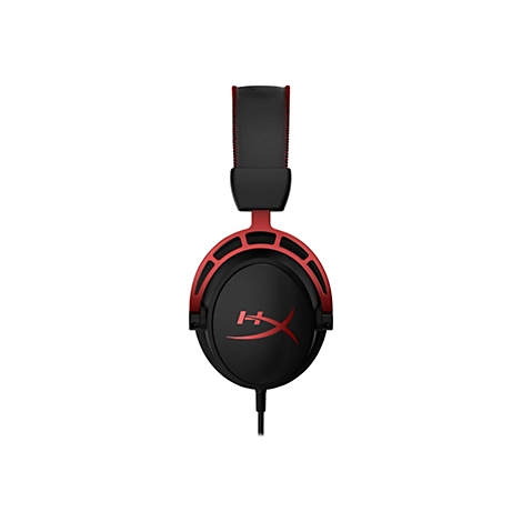 Casque de jeu noir et rouge. Un logo rouge est visible sur les oreillettes. L'arceau est rembourré.
