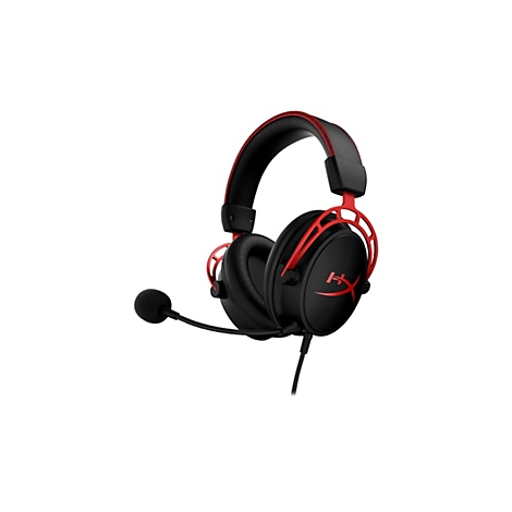 Casque de jeu noir avec des accents rouges et un microphone, sur fond blanc.